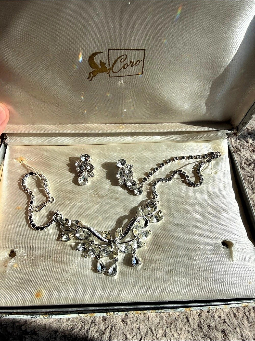 Coro Rhinestone Necklace & Earrings Set in Silver
